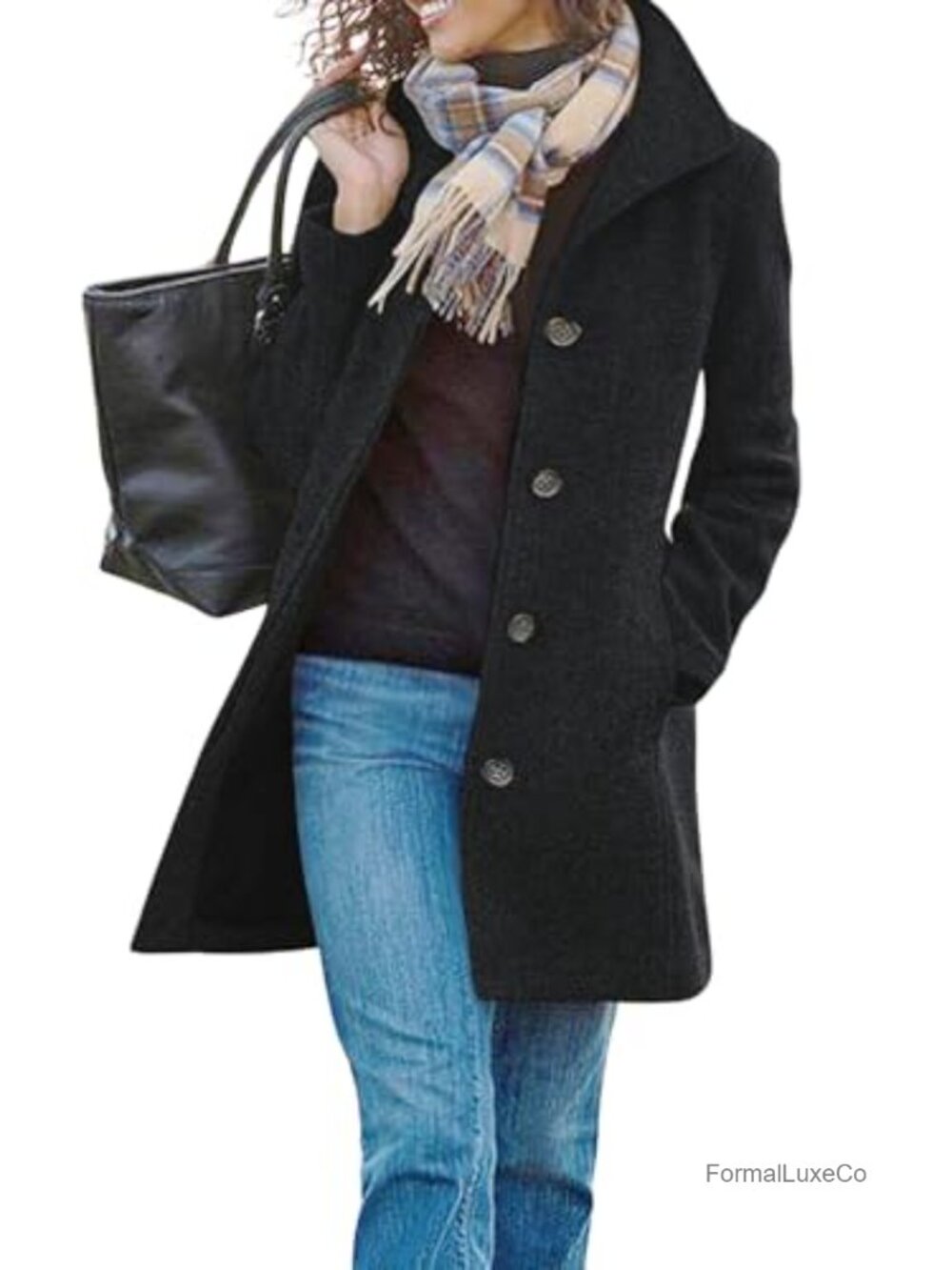 Wool Blend Pea Coat Stand Collar Single Breasted Midi Winter Coat